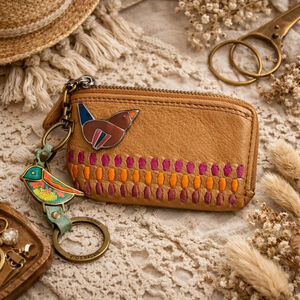 Fossil Leather Bird Keychain Coin Pouch Wallet ID Holder | Boho Vintage